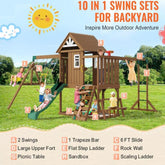 Wooden Swing Set 10 IN 1 Outdoor Playground Sets 6 FT Slide Upper Fort